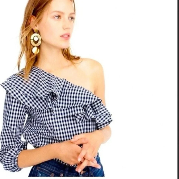 J Crew Gingham One Shoulder Top Blouse Blue H0857 - Picture 1 of 8
